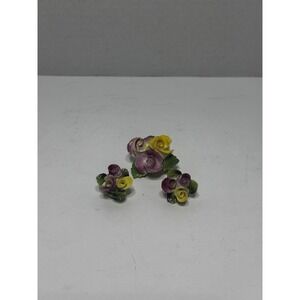 Vintage England Bone China Floral Brooch Earrings Set Clip On Flowers